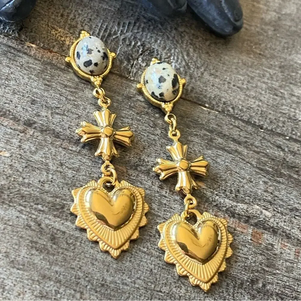 NEW Gold Cross Dalmatian Jasper Heart Dangle Earrings